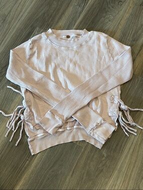 Free People Light Blush Ribbed Crewneck Sweatshirt with Side Crochet Ties